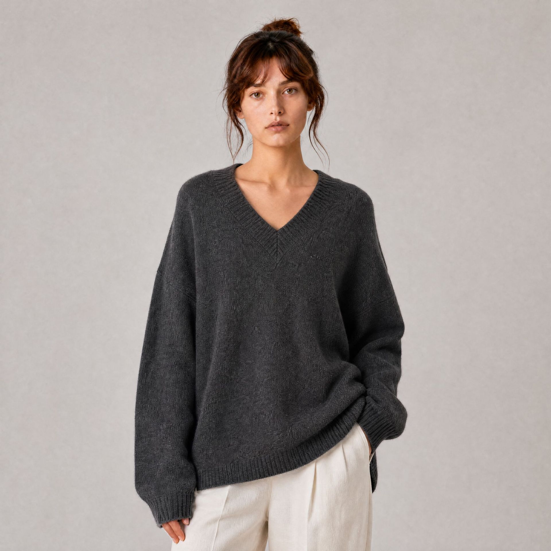 100% Pure Cashmere V-Neck Loose-Fitting Drop-Shoulder Pullover Pure Cashmere Knitwear for Women, Elegant Quality, Factory Direct Sale S202