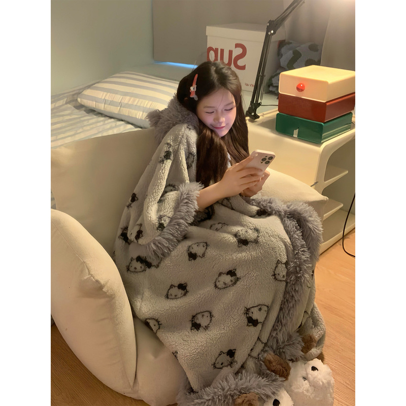kitty猫珊瑚绒睡衣女秋冬季新款加厚保暖连帽斗篷睡裙家居服套装|undefined