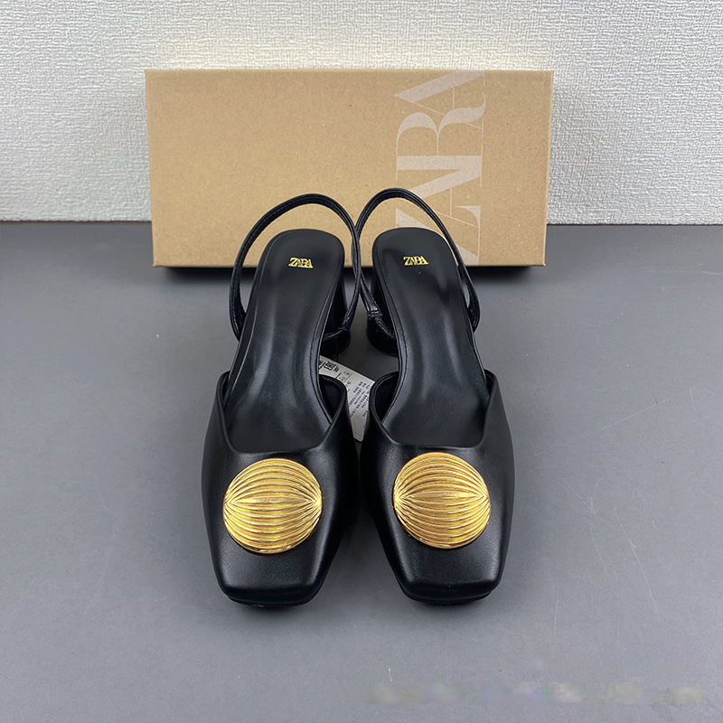 ZA2024 New Baotou Round Decorative Rear Strap Thick Heeled Shallow Mouth Rear Empty Heeled European and American Fashion Sandals for Women ZA2024 New Baotou Round Decorative Rear Strap Thick Heeled Shallow Mouth Rear Empty Heeled European and American Fashion Sandals for Women