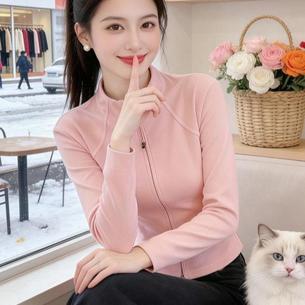 樱花粉立领可外穿打底衫女春季2026新款修身显瘦百搭拉链开衫外套