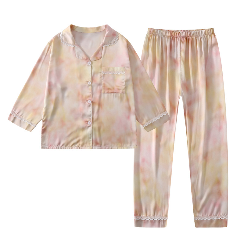 2024 봄 신상품 중년 이상 어린이 및 여아 가정복 편지 세트 A 아동용 가디건 아이스 스노우 실크 잠옷