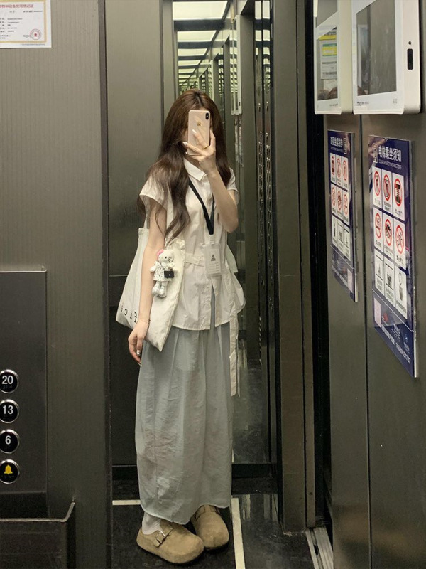 设计感小众短袖衬衫女夏季2025新款韩系百搭绑带收腰中长款上衣潮|undefined