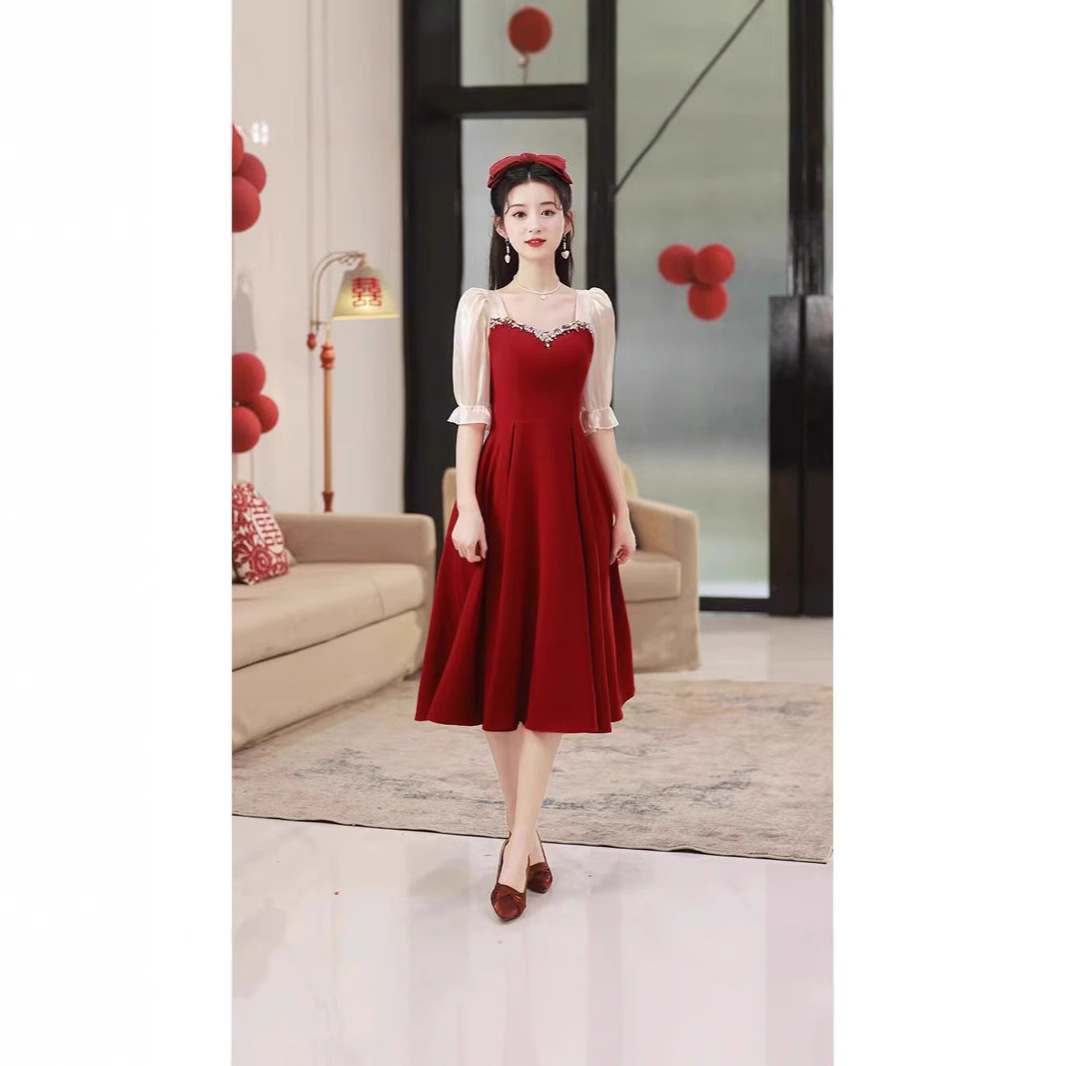 Toast Dress 2025 New Bride wine red Spring and Summer Usually Wear Gauze Sleeve Engagement dress Banquet Dress
