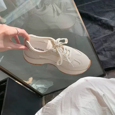 复古老爹鞋女鞋夏透气网面圆头踩屎感厚底小白鞋真皮阿甘德训鞋夏