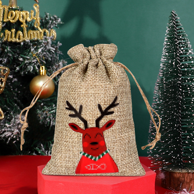 Transfronteriza nueva bolsa de lino de Navidad al por mayor bolsa de embalaje de caramelo con cordón decoraciones de Navidad bolsa de almacenamiento con cordón