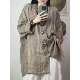 春季新中式清冷感宽松衬衣禅意茶服唐装上衣棉麻衬衫新款复古宽松