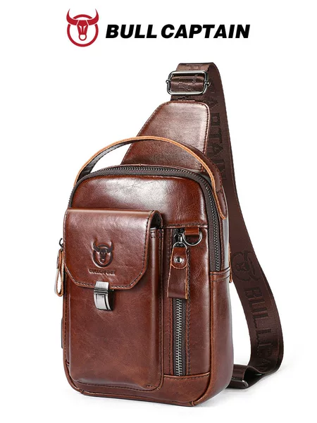 Captain Cow Large Capacity Genuine Leather Chest Bag Top Layer Cowhide Shoulder Crossbody Men's Portable Tablet iPad Casual Mobile Phone Bag