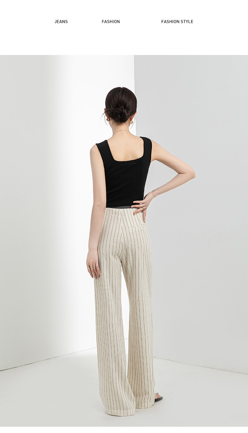 Quần culottes nữ ống rộng vải lanh sọc dọc, cạp cao phối màu, dáng suông thoáng mát — Vải gai sọc chi tiết 26