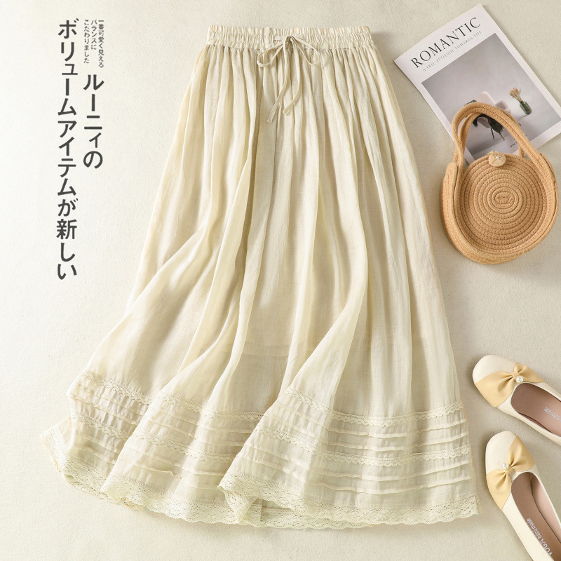 Summer New Style Cotton and Linen Plus-Size Artistic Loose Elastic Waist Drawstring Pleated Lace Trim A-Line Skirt