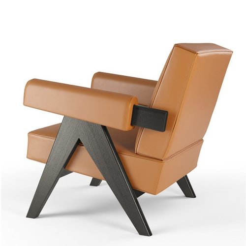 Retro solid wood single sofa chair, Chandigarh Wabi-Sabi style furniture, leisure double leather and fabric armchair