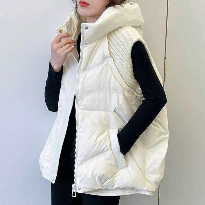Knitted dress with hood sleevless, down jacket, vest, 2023 collection, duck down