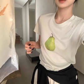 原版美式重磅纯棉水果系列短袖女白色苹果梨图案t恤简约宽松上衣