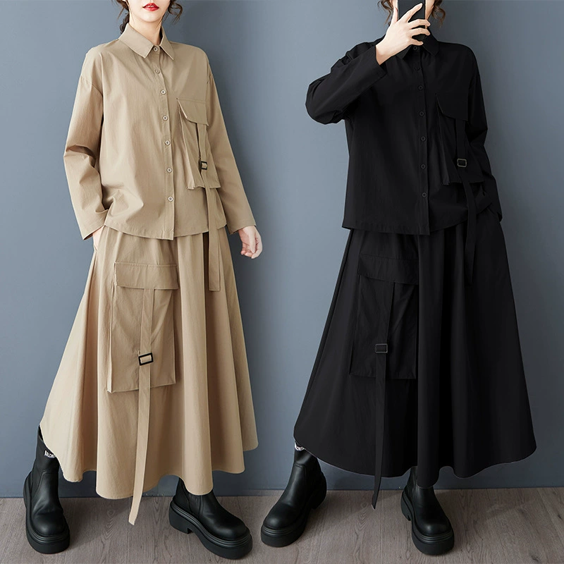 Реальная стрельба Весна и Осень Новый повседневный большой карман с отворотами рубашка свободная ленивая юбка большого размера стильный костюм