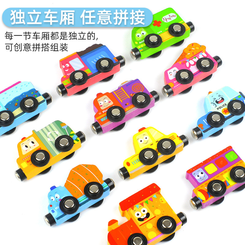 Modelo de tren magnético para niños de madera, coche inercial, señal de tráfico, caja de madera, coche de ingeniería, coche de juguete para niños