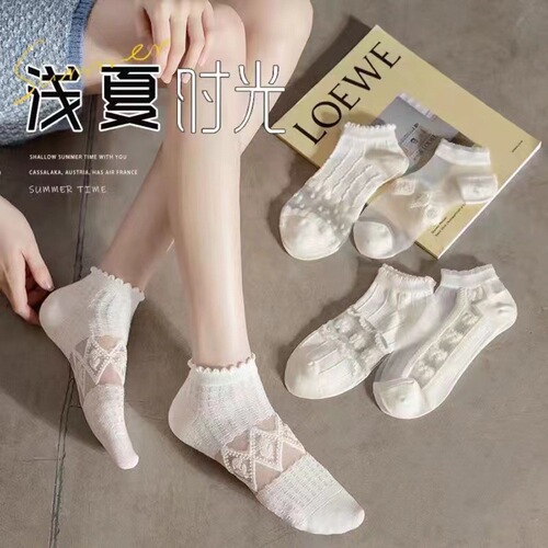Spring and summer new style glass silk breathable jacquard JK shallow mouth Japanese style small fresh and sweet loli style girl socks versatile