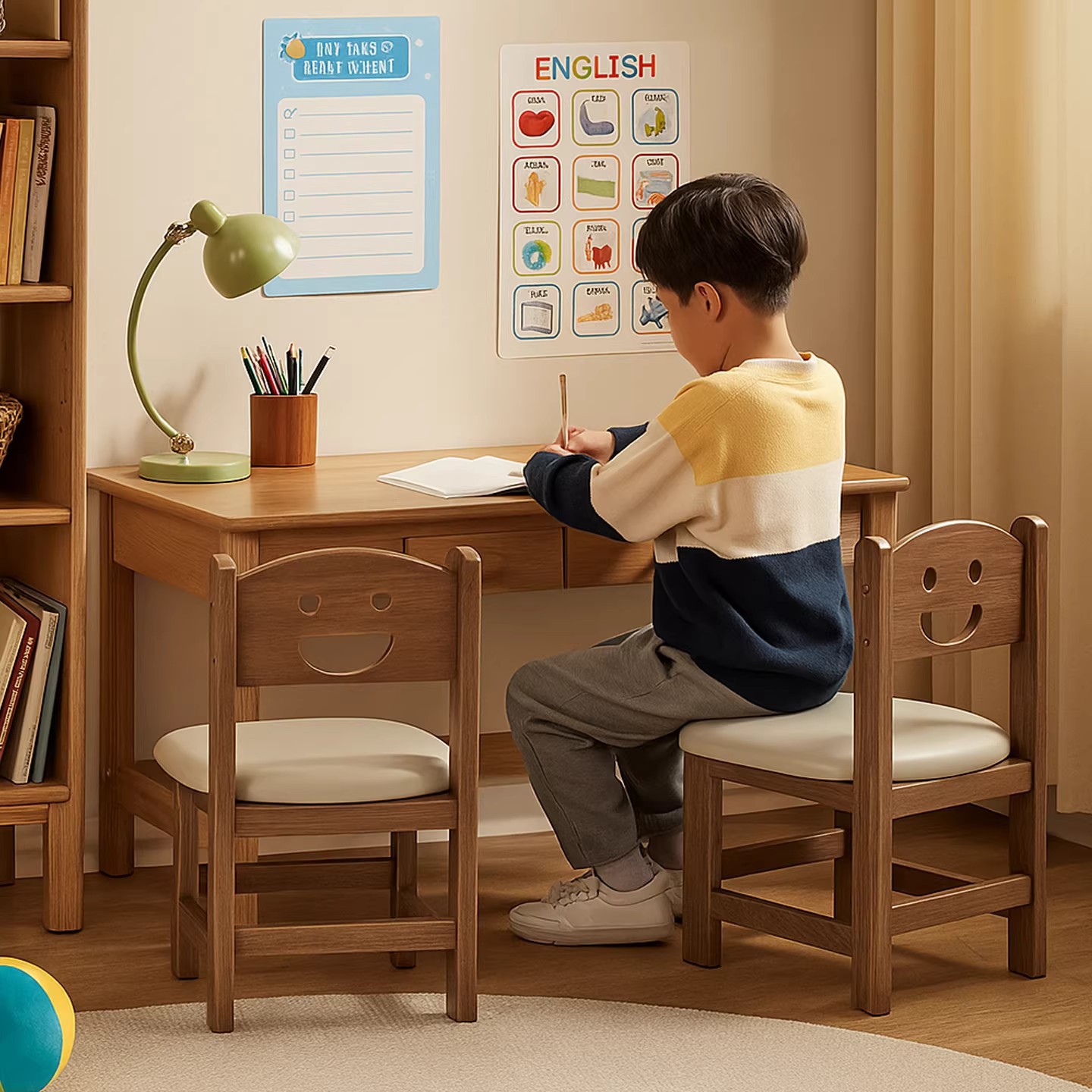 Solid Wood Small Stool with Smiley Backrest for Home Use, Thickened Small Stool for Living Room, Sturdy and Durable, Baby Stool, Low Stool