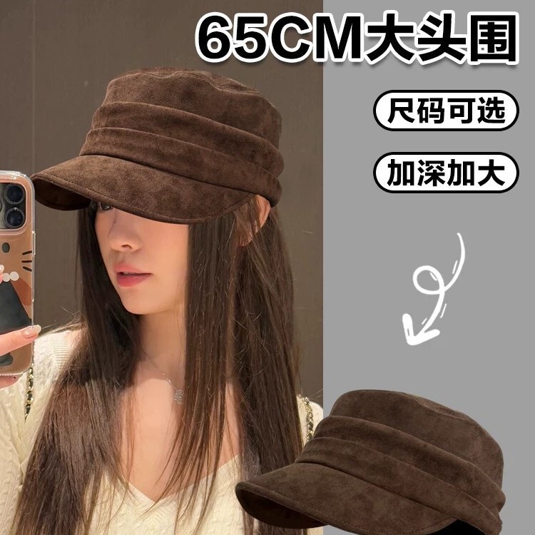 Relaxed vintage-style flat-top equestrian hat, large head circumference, suede, retro pleated, large size, duckbill newsboy cap Relaxed vintage-style flat-top equestrian hat, large head circumference, suede, retro pleated, large size, duckbill newsboy cap