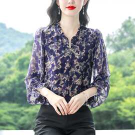 品牌桑蚕丝衬衣女2026春秋新款显瘦气质优雅中年妈妈时尚印花小衫