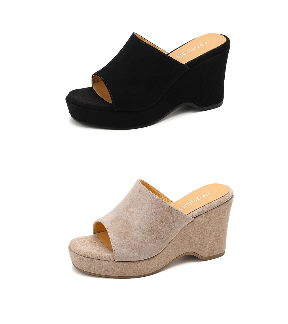 Sandal cao gót nữ đế xuồng 9cm quai ngang hở mũi chất liệu da lộn — màu đen, màu mơ chi tiết 23