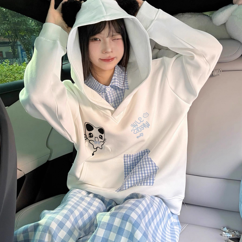 Cute Cat Embroider Fake Two-Piece Hooded Sweatshirt for Women 2025 Autumn and Winter New Korean Style Preppy Style Loose Top
