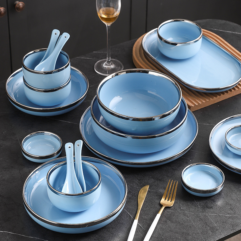 Borde de plata Azul luz vajilla de cerámica de lujo Occidental plato tazón de fuente traje combinación plato de sopa tazón de arroz plato de carne