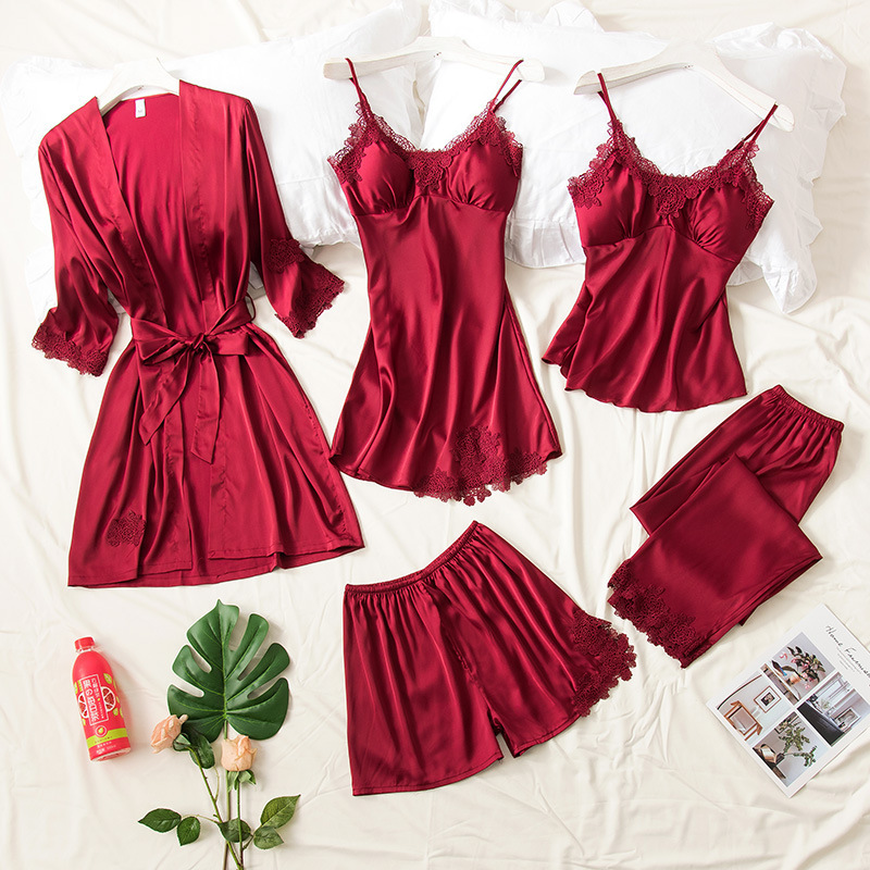 Pajamas for Women in Spring and Summer Sexy Imitation Silk Five-Piece Set Suspender Shorts Nightgown Nightgown with Breast Pad Home Clothes Cool Feeling Pajamas for Women in Spring and Summer Sexy Imitation Silk Five-Piece Set Suspender Shorts Nightgown Nightgown with Breast Pad Home Clothes Cool Feeling