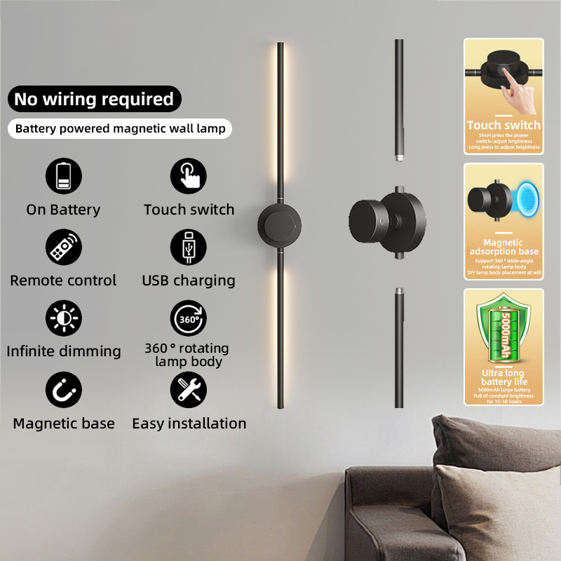 Cross Border LED Wiring Free Wall Lamp Battery Powered USB Rechargeable Indoor Wall Lamp Living Room Bedroom Corridor Long Wall Lamp