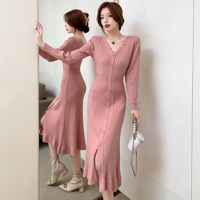 2023 autumn and winter sweet mermaid mid-length dress with wooden ears elegant slim single-breasted V-neck knitted dress