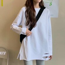 棉长袖中长款t恤女宽松早秋季破洞开叉打底衫秋冬加绒上衣