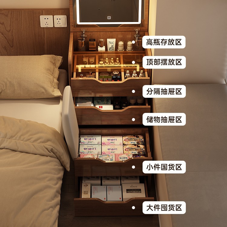 Tablero de vestir con espejo de almacenamiento en una pequeña mesa de maquillaje de dormitorio, mini tablero de cabecera de cama de hendidura estrecha.