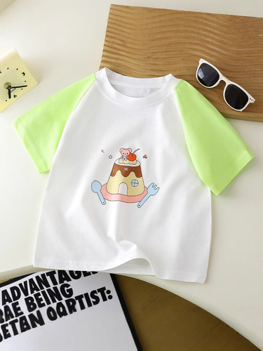 New Korean-style printed short-sleeve T-shirt for girls—summer, trendy, color-blocked, raglan-shoulder pullover—short-sleeve top for little girls