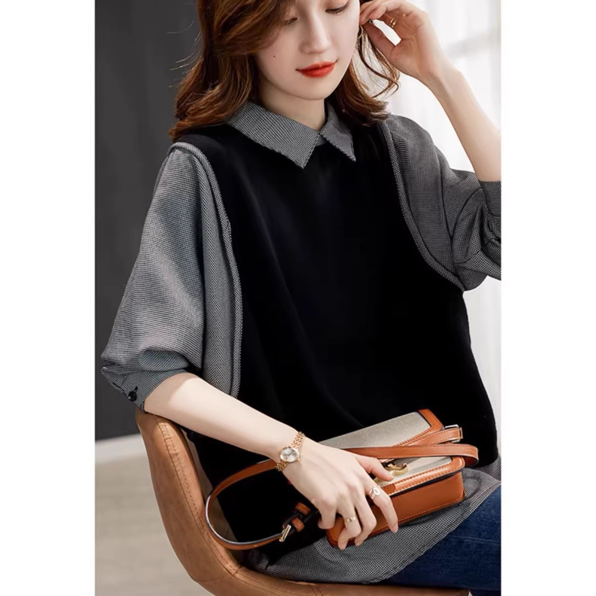Áo sơ mi nữ dài tay phối màu giả hai lớp phong cách Hàn Quốc — đen chi tiết 5