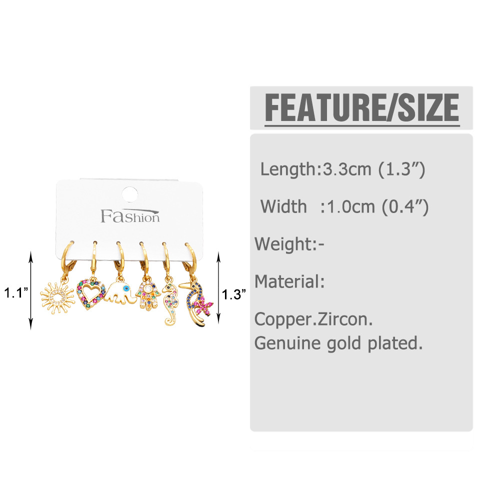 Fashion Heart Shape Elephant Copper Drop Earrings Inlay Zircon Copper Earrings 6 Pieces