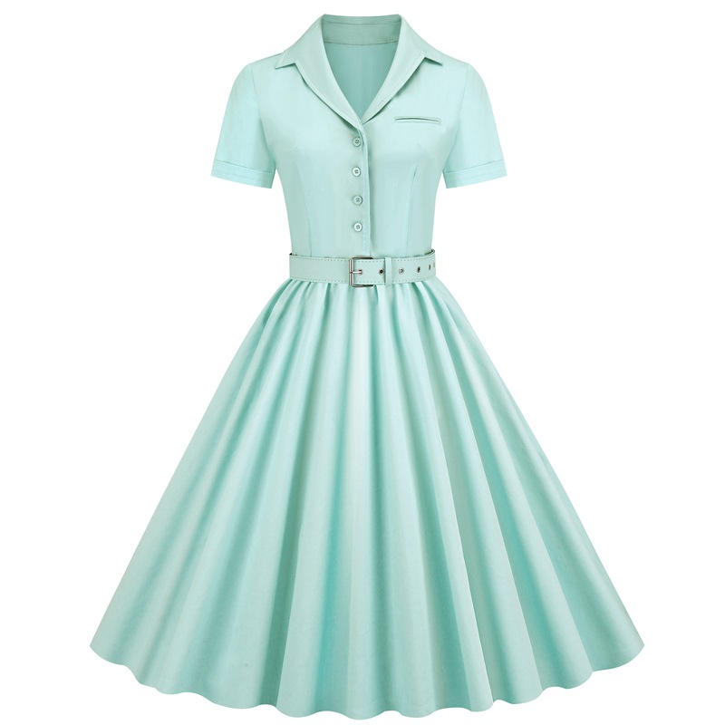 European And American Cross-border Women's Dress, Short-sleeved, 2025 New Summer Vintage Solid Color Large Hem_ecoleips.com