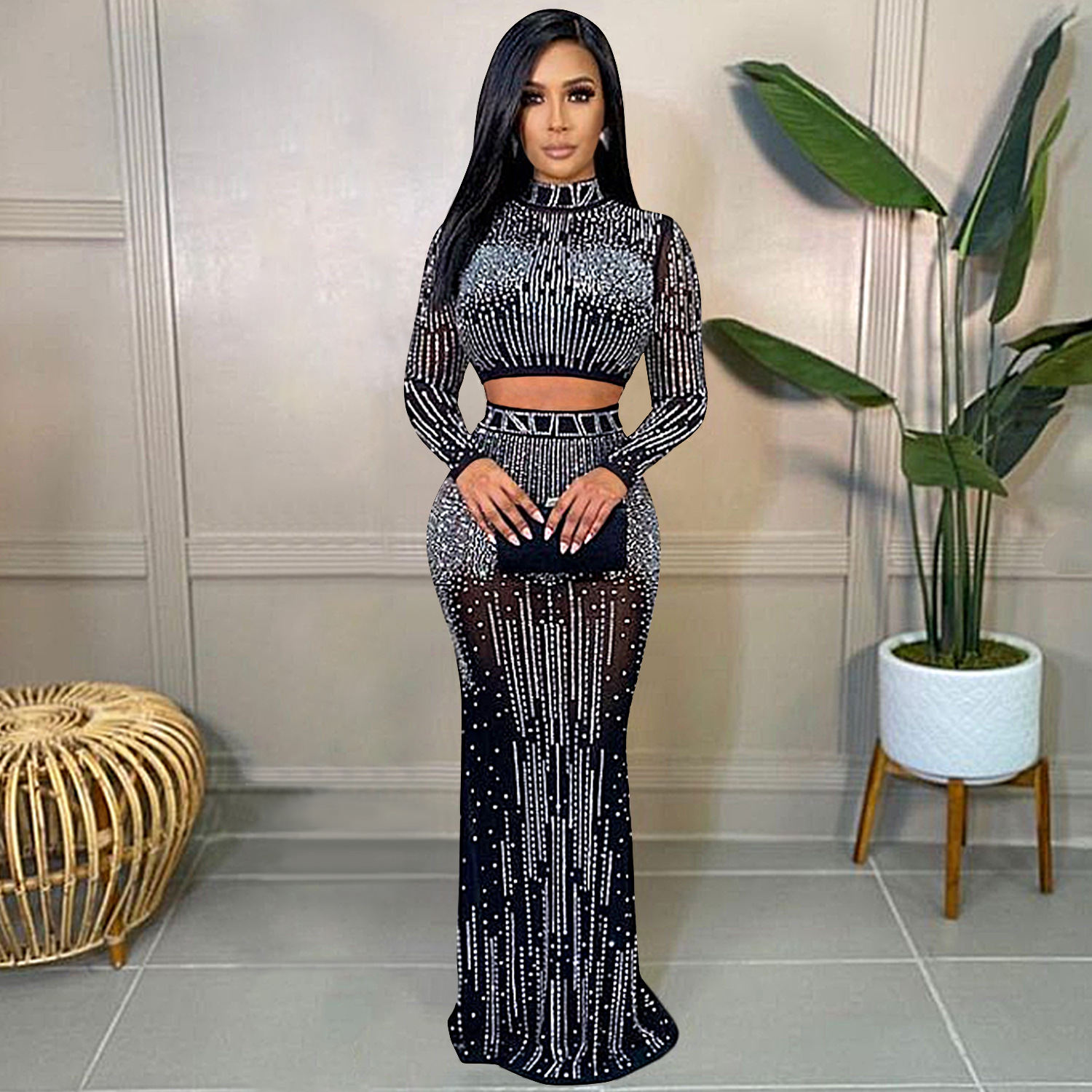 X5379 transfronterizo nuevo Ebay moda europea y americana sexy club nocturno de las mujeres de malla transparente de manga larga vestido de dos piezas conjunto