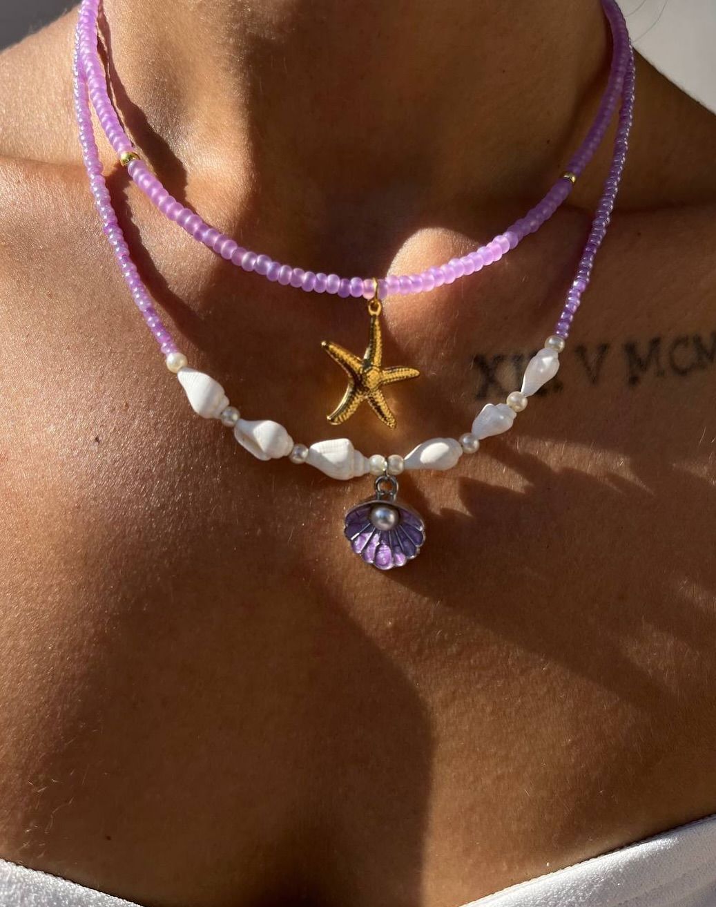 Layered Choker Necklace With Shell & Purple Beads In Alloy Style_voghion.com