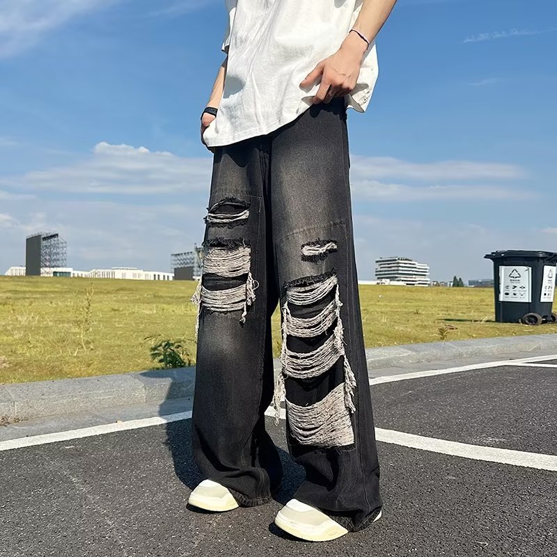 American retro summer fashion brand ripped jeans men's washed distressed loose wide leg straight mop high street pants