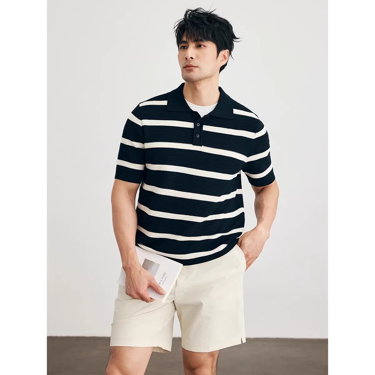 Camiseta polo con solapa de manga corta camiseta de punto hombre gran rayas de contraste de color inglés de negocios de verano hielo comercio exterior al por mayor transfronterizo