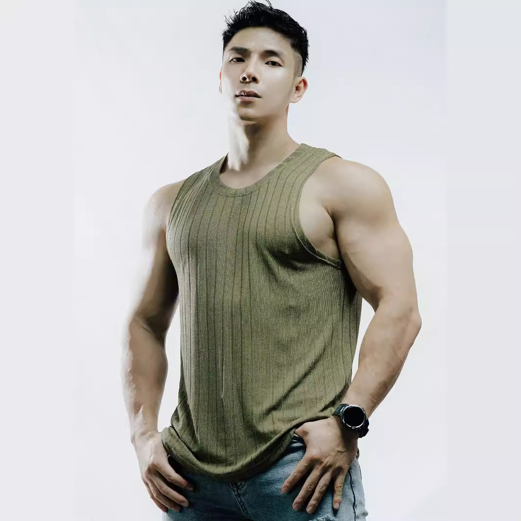 New Summer Men's Sports Casual Running Fitness Training Solid Color Elastic Quick-Dry Round Hem Sleeveless Vest