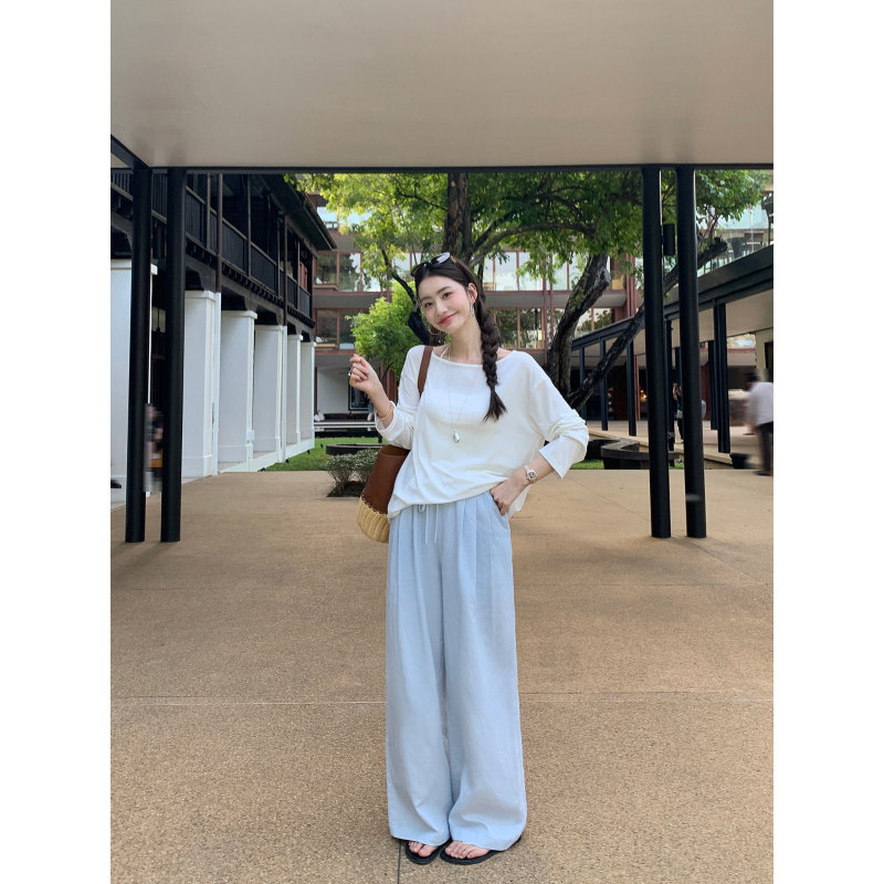 Casual Style White Elastic Waist Drawstring Casual Pants for Women, Niche Design, Lazy Loose Wide-Leg Floor-Length Pants
