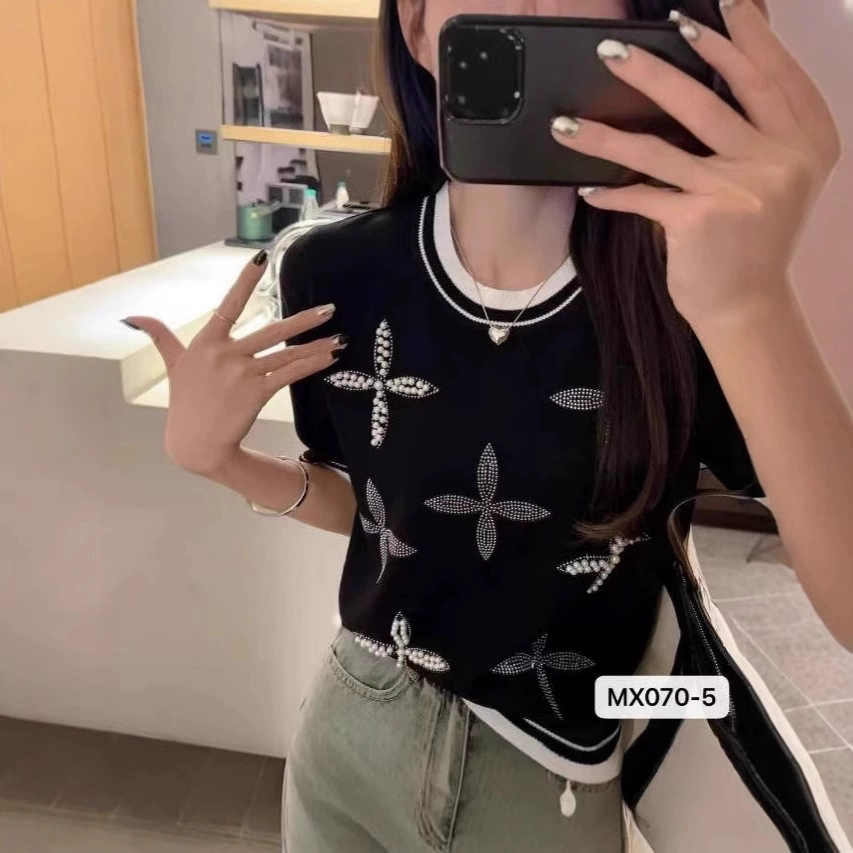 2025 летняя вязаная футболка с короткими рукавами женская новая тяжелая промышленная бисерная повседневная свободная топ