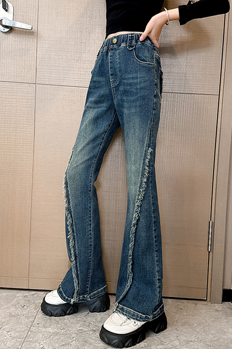 Jeans in denim effetto consumato per bambini con orlo grezzo e vestibilità comoda - Jeans elasticizzati in vita azzurri per ragazze, stile streetwear alla moda_voghion.com