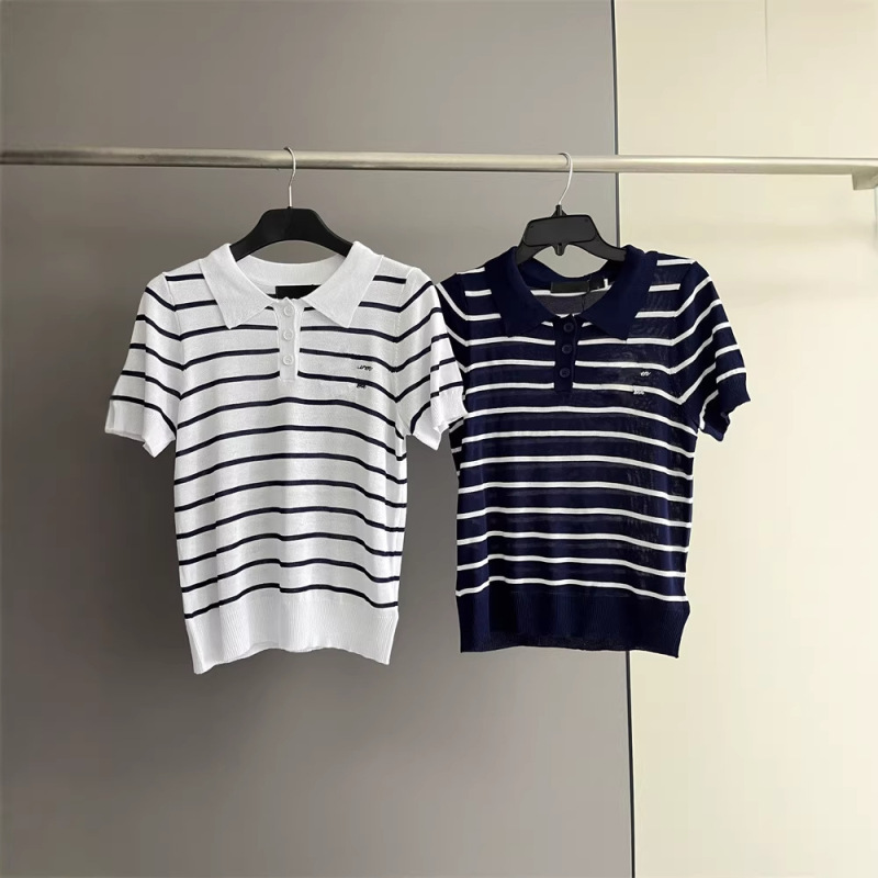 0542 American Women's Spring/Summer Embroidered Thin Cotton Casual Short-Sleeve Polo Collar Striped Knit Shirt