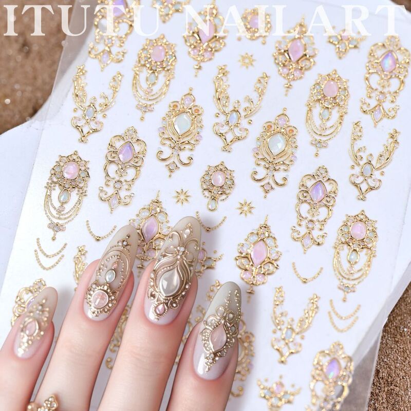Popular Baroque Gold Scepter Gold Foil 3D Nail Art Stickers with Shell Luster and Vintage Gemstone Totem Fingertip Designs Popular Baroque Gold Scepter Gold Foil 3D Nail Art Stickers with Shell Luster and Vintage Gemstone Totem Fingertip Designs