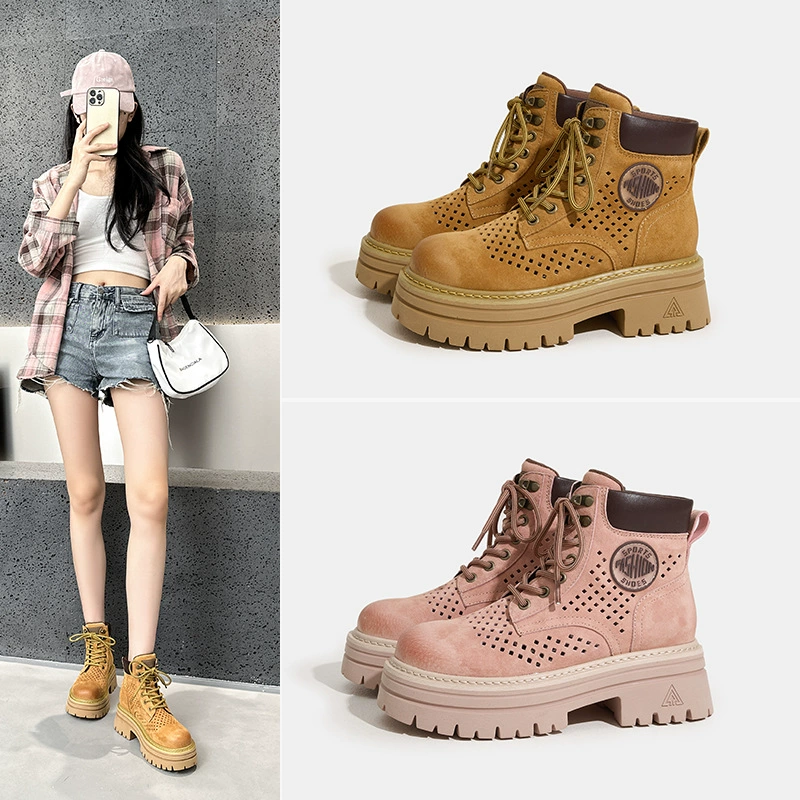 Летние женские полые ботинки Martin White Deer, ограниченная серия, новые желтые ботинки для походов на открытом воздухе и рабочие ботинки из свиной кожи первого слоя.