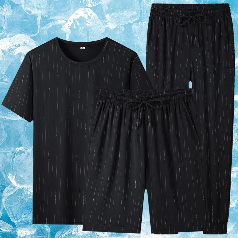 Verano nuevo traje deportivo de hombre delgado pantalones cortos de mangas cortas negras rayas de hielo para hombres tres piezas de manga corta
