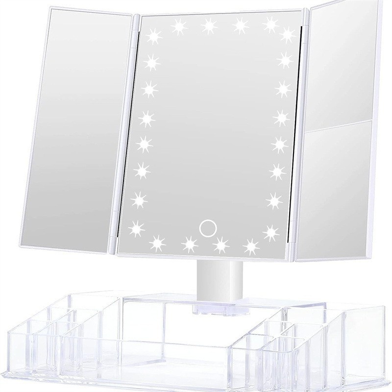 Espejo de maquillaje portátil triple con luz con espejo Espejo de maquillaje LED de aumento Espejo de tocador de almacenamiento de escritorio Rotación transfronteriza