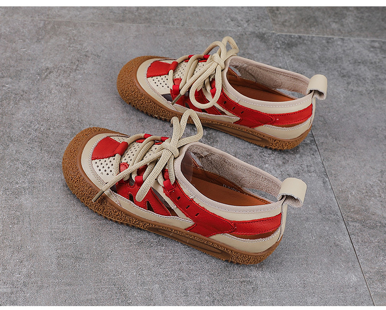 Sandal nữ da bò thật đục lỗ phong cách cổ điển buộc dây — màu vàng chi tiết 12