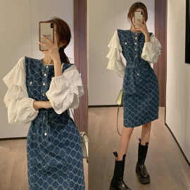 公羽翁小香风套装女时尚名媛气牛仔连衣裙女春秋两件套中长款裙