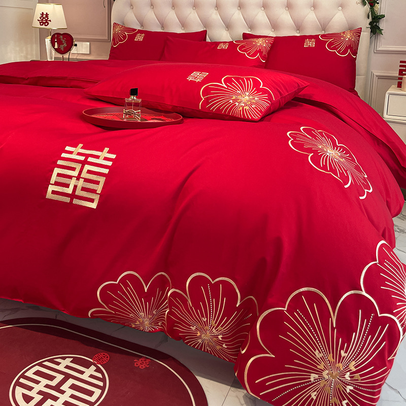 中式刺绣婚庆四件套大红色床单被套纯棉陪嫁结婚床品|undefined